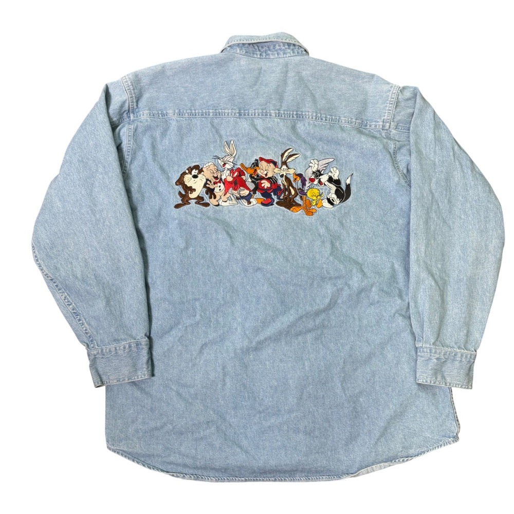 Vintage 90s Looney Tunes Warner Brothers Embroidered Shirt Denim - Picture 2 of 8